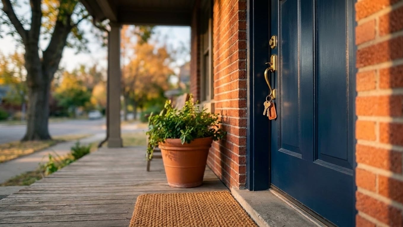House keys left hanging in the lock of a navy front door on the brick porch of a Utah home in late-afternoon light
